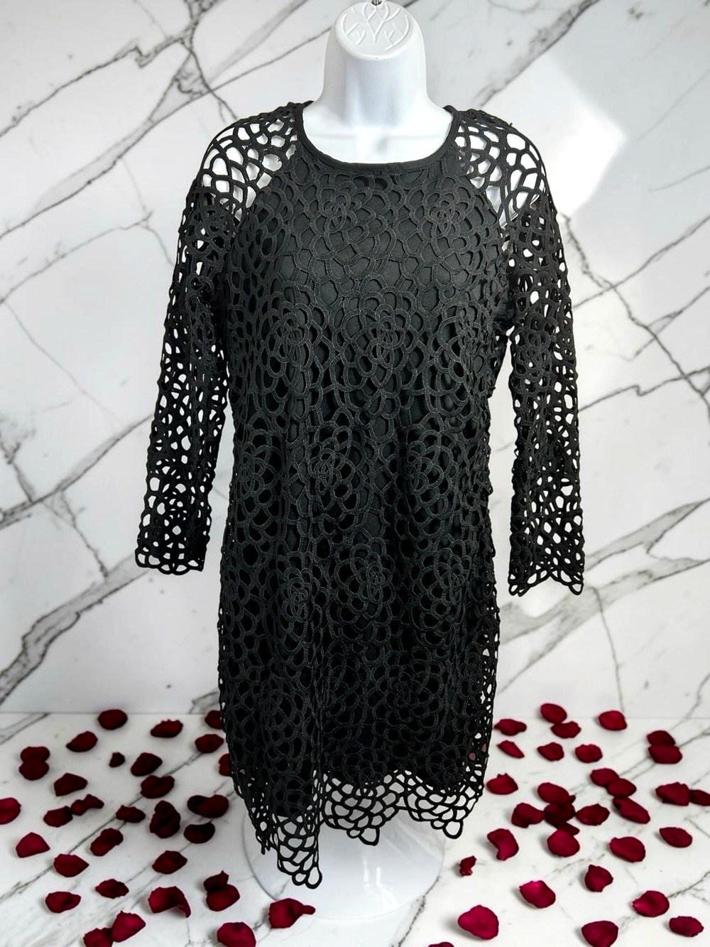 Solitaire Black Lace Overlay Cocktail Mini Dress Sz Medium Lined Long-Sleeve New